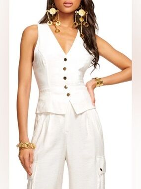 Ramy Brook Cosette Button Front Vest Size Large White V Neck Tailored Waistcoat